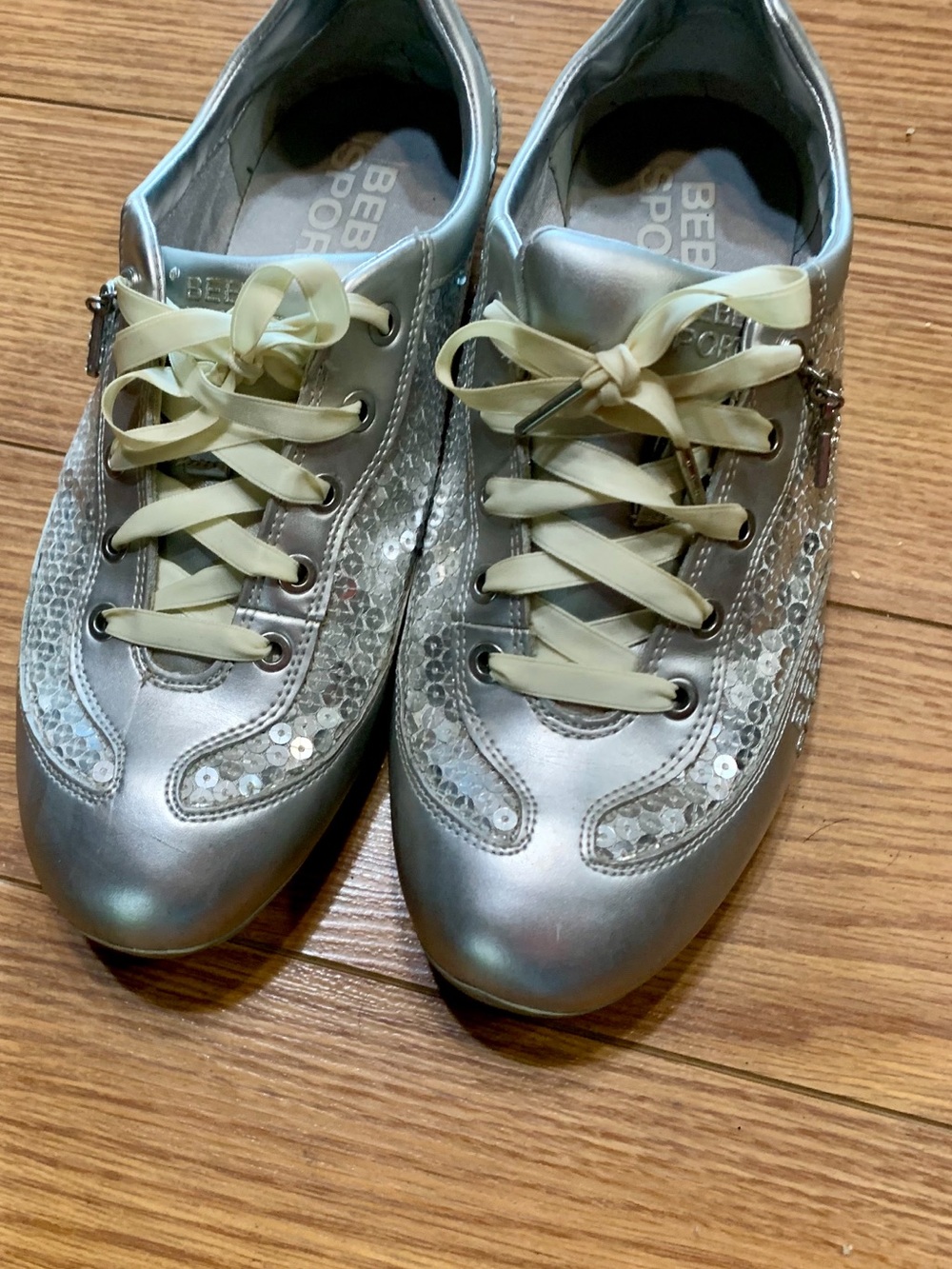 bebe Silver Sequin Lace-Up Sneakers with Cream Laces